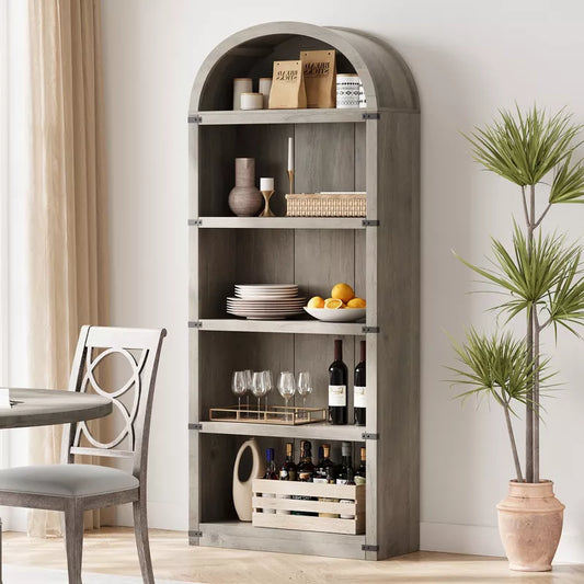 Tall Arched Bookcase 5-Tier Arched Cabinet Storage Display Cabinet with Faux Marble Top, Modern Farmhouse Bookshelf Kitchen Pantry Cabinet