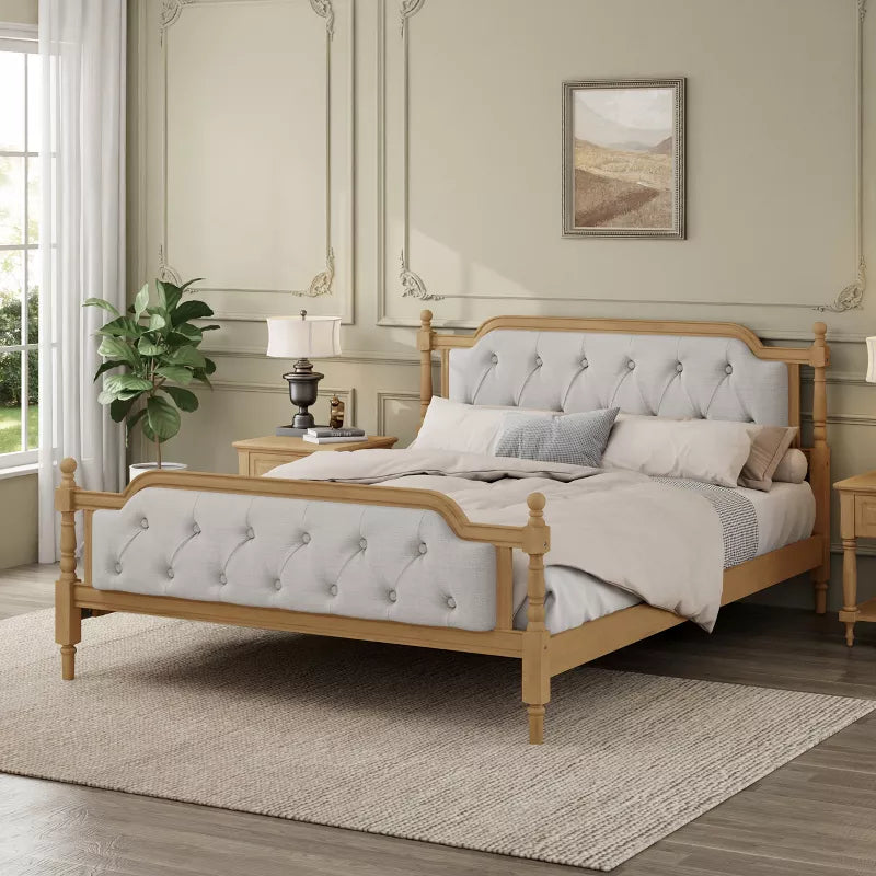 King Size Platform Bed, Traditional Style Solid Wood Bed Frame with Upholstered Tufted Headboard, No Box Spring Needed, Walnut - ModernLuxe