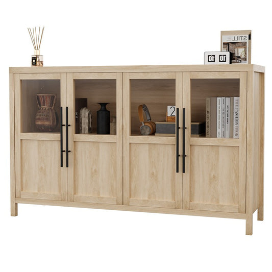 55" Large Buffet Sideboard Cabinet with 4 Glass Doors and Shelves, Farmhouse Storage Cabinet for Kitchen Dining Room, Living Room (Pear Wood)