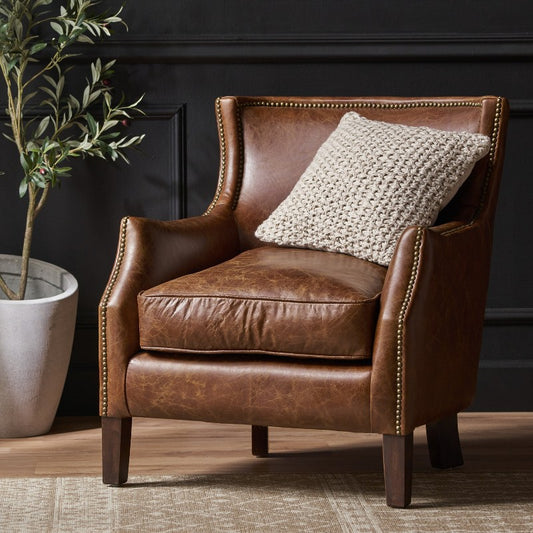 Christopher Knight Home Njord Contemporary Top Grain Leather Upholstered Club Accent Chair with Nailhead Trim, Brown
