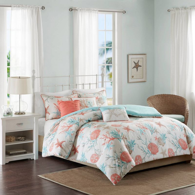 Ocean View Seashell Duvet Cover Set (full/queen) Coral - 6pc: Madison Park Cotton Sateen Bedding Set With Embroidered Details : Target