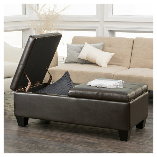 Merrill Double Opening Leather Storage Ottoman - Chocolate Brown - Christopher Knight Home