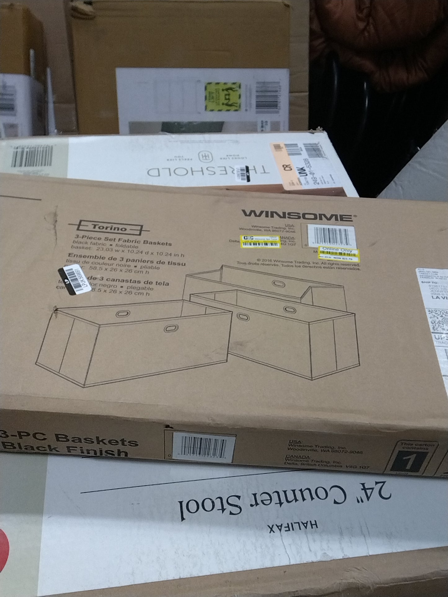 Winsome 3pc Torino Folding Fabric Basket Black: Square Storage Cubes, No Assembly, 11" Compatible