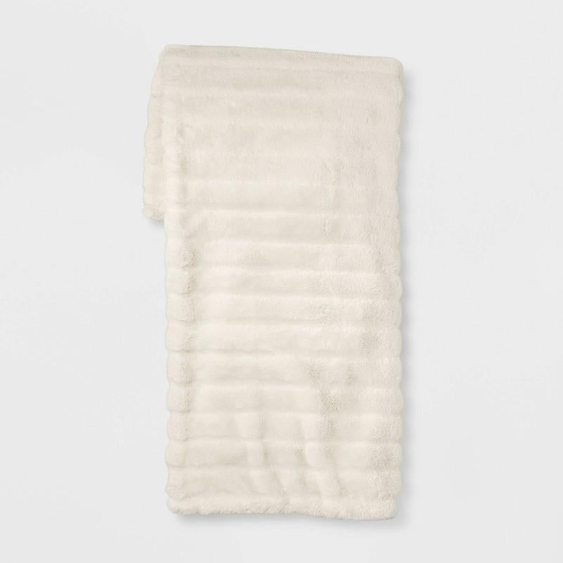 Textured Faux Fur Reversible Throw Blanket Cream - Threshold: Soft, Cozy for Couch & Bed, Modern Style