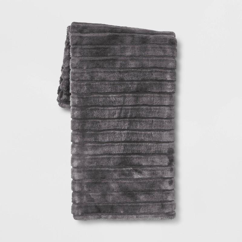 Textured Faux Fur Reversible Throw Blanket Gray - Threshold