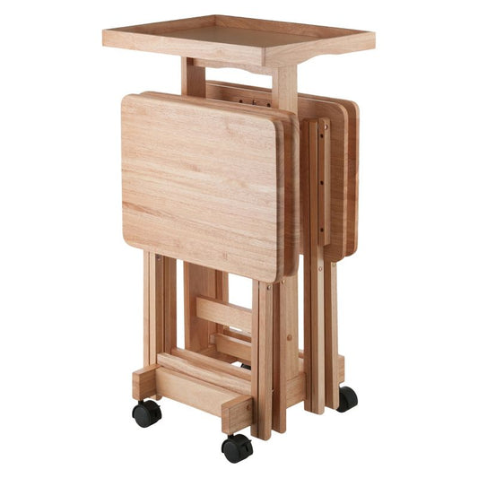 6pc Snack Table Set - Natural - Winsome: Hardwood Construction, Foldable With Wheeled Storage Frame : Target