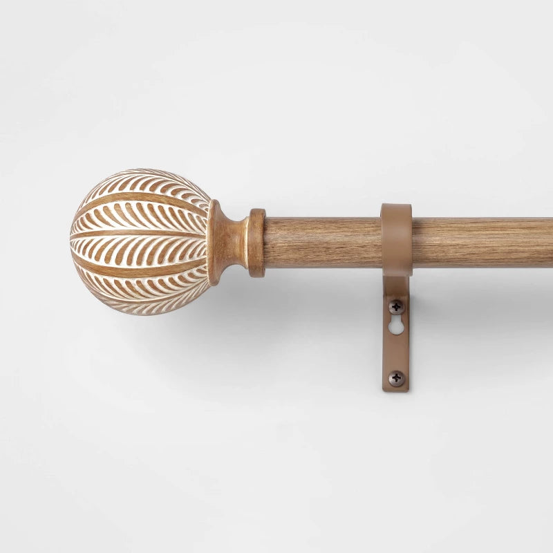 36"-66" Carved Light Woodtone Ball Curtain Rod Natural - Threshold: Steel & Polyresin, Single Rod, Painted Finish