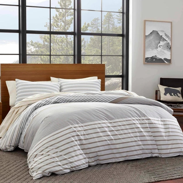 Eddie Bauer - Full/Queen Cooper Stripe Reversible Duvet Cover & Sham Set Beige: Cotton Bedding Set, Plain Weave, Machine Washable