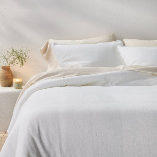 Full/Queen Heavyweight Linen Blend Comforter & Sham Set White - Casaluna: Rayon & Cotton, Hidden Quilting, Zip Closure