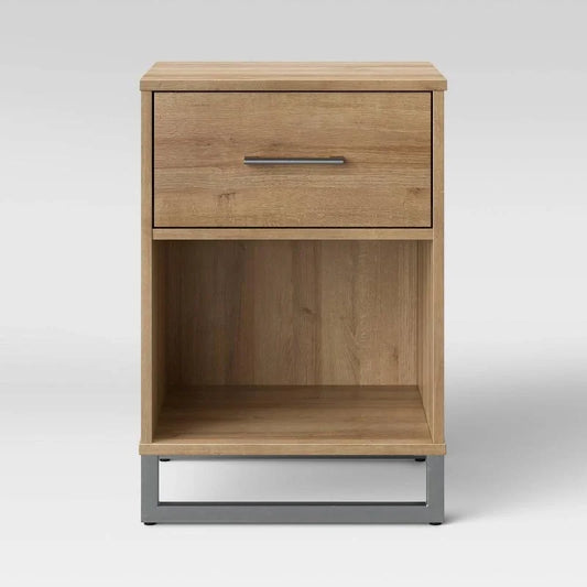 Mixed Material Nightstand Natural - Room Essentials™: Spacious Drawer, Open Shelf, Metal Legs : Target