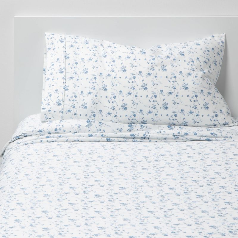 Twin/twin Xl Printed Performance 400 Thread Count Sheet Set White/blue Floral - Threshold™: Cotton Satin, 3-piece Set : Target