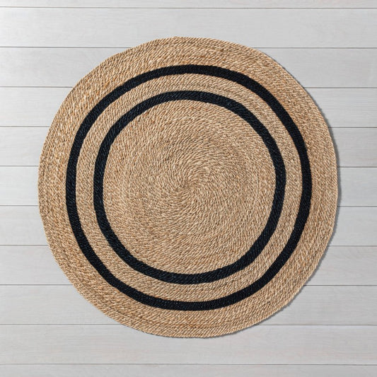 Round 5' Double Stripe Braided Jute Area Rug Charcoal/Tan - Hearth & Hand with Magnolia: Indoor Farmhouse Style, Machine Made