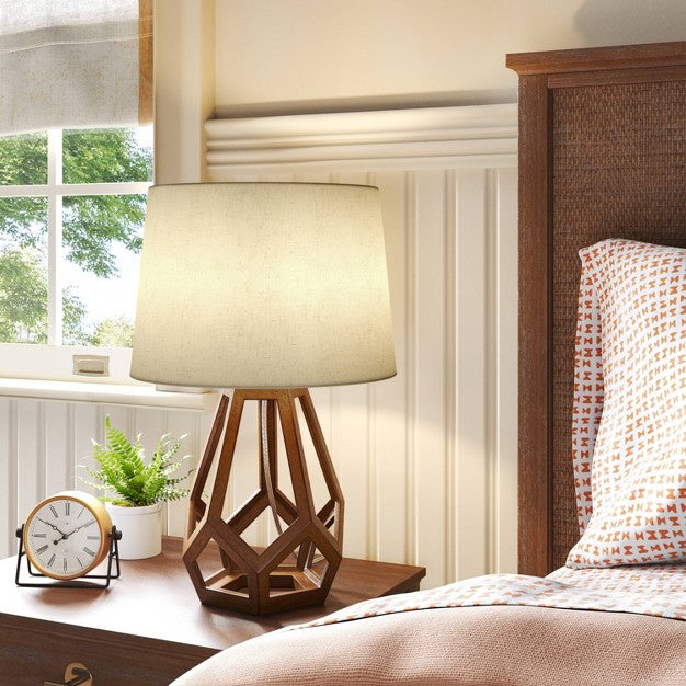 Large Wood Geo Assembled Table Lamp Brown - Threshold: No Assembly, UL Listed, Cotton Shade