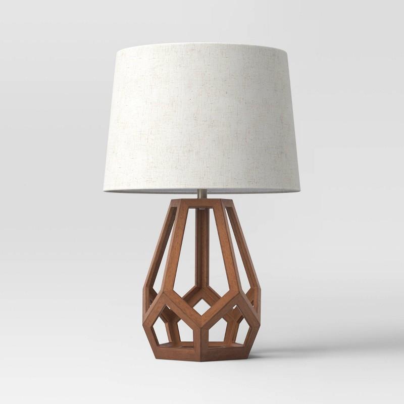 Large Wood Geo Assembled Table Lamp Brown - Threshold: No Assembly, UL Listed, Cotton Shade
