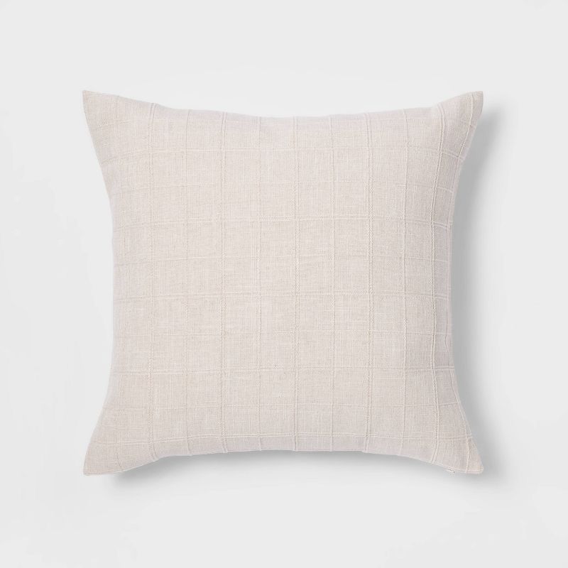 Oversized Woven Washed Windowpane Square Throw Pillow Cream - Threshold: Decorative, Indoor, Zipper Closure, Removable Cover