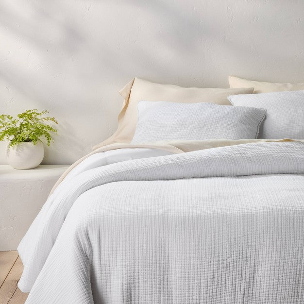 Full/Queen Textured Chambray Comforter & Sham Set White - Casaluna: OEKO-TEX Certified, 250 Thread Count