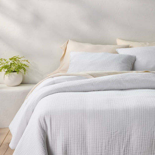 Full/Queen Textured Chambray Comforter & Sham Set White - Casaluna: OEKO-TEX Certified, 250 Thread Count