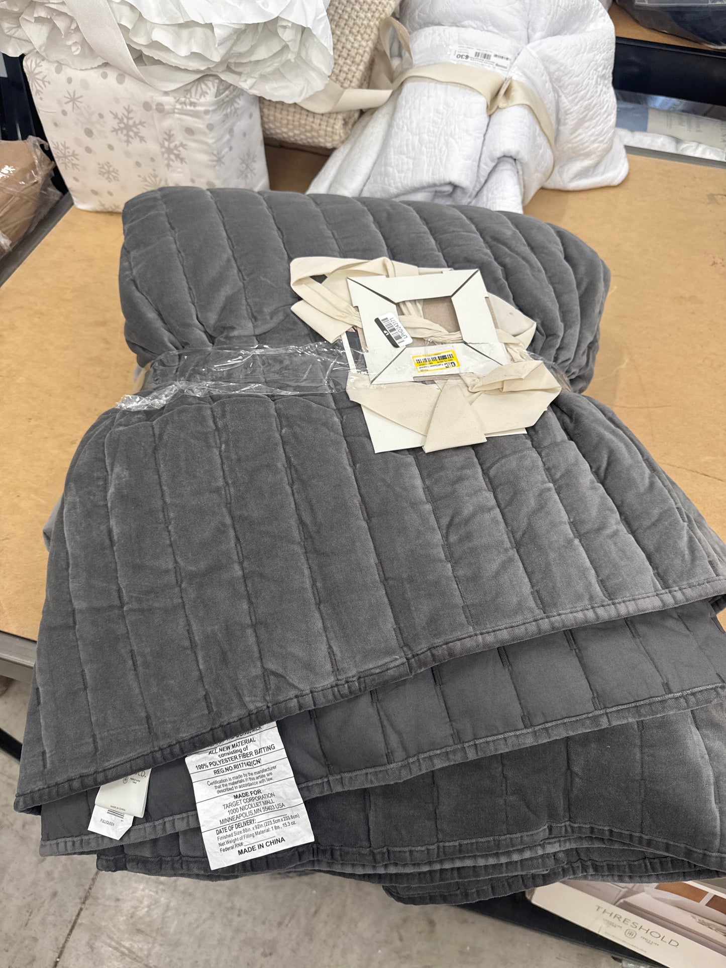 Full/Queen Channel Stitch Velvet Quilt Charcoal - Threshold: Cotton Backing, Year-Round Comfort, Machine Washable