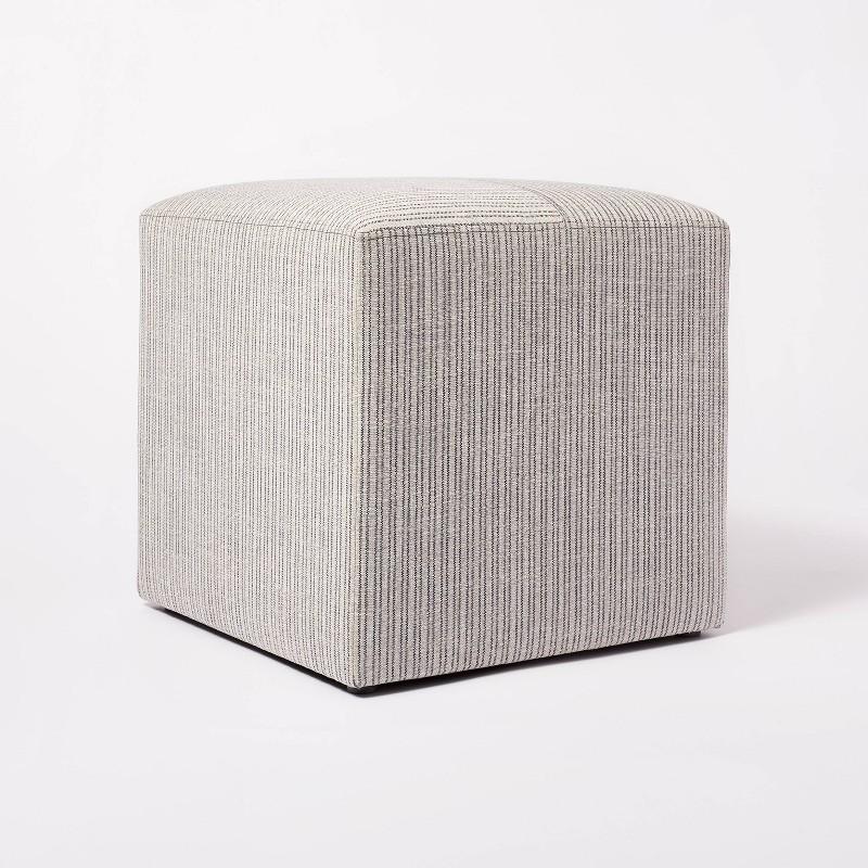 Lynwood Square Upholstered Cube Ottoman Tan/Navy Stripe - Threshold designed with Studio McGee, Fully Assembled