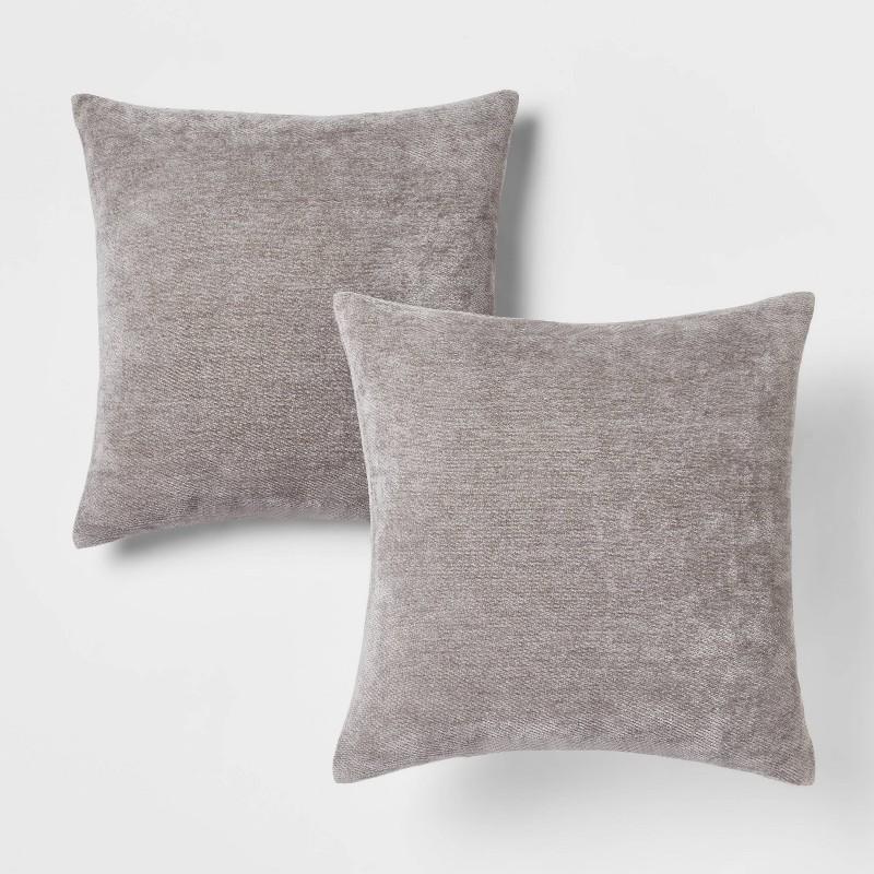 2pk Chenille Square Throw Pillows Gray - Threshold: Decorative Indoor Cushions, Knife Edge Design, Polyester Fill