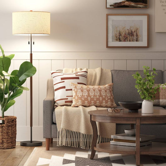 60.5"x18" Cut Off Base Floor Lamp Black/Brown Metal/Wood - Threshold: Modern Standing Light for Living Room, Dual Pull Chain