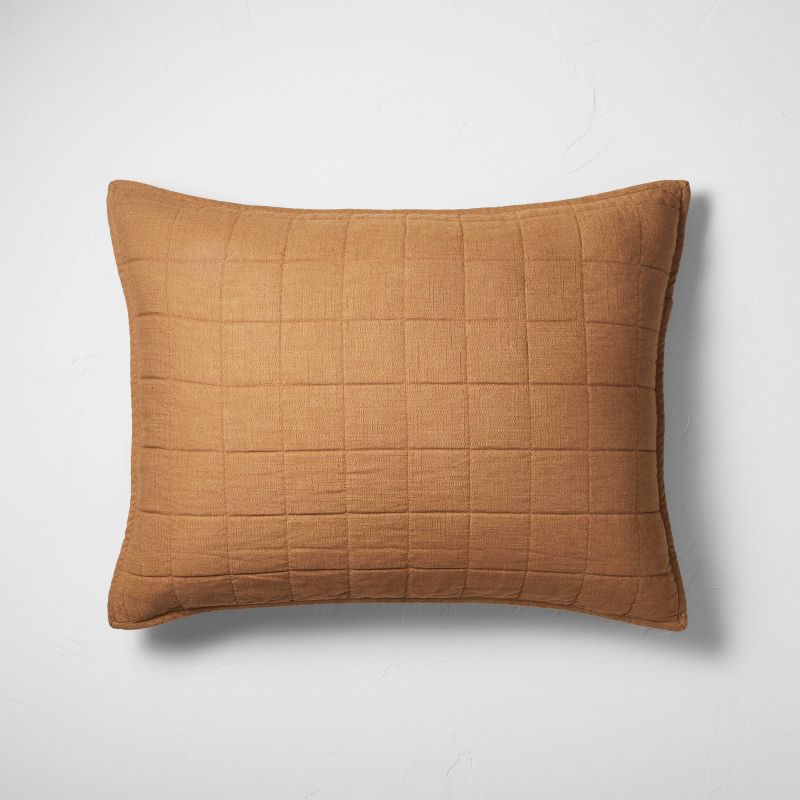 Standard Heavyweight Linen Blend Quilt Pillow Sham Warm Brown - Casaluna: Zipper Closure, OEKO-TEX Certified