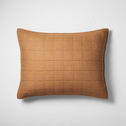 Standard Heavyweight Linen Blend Quilt Pillow Sham Warm Brown - Casaluna: Zipper Closure, OEKO-TEX Certified