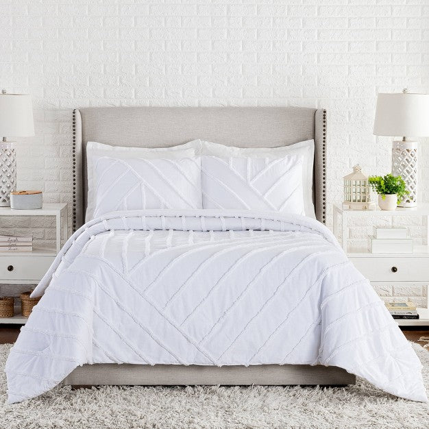 3pc Full/Queen Chenille Chevron Comforter Set White - Laurel & Mayfair