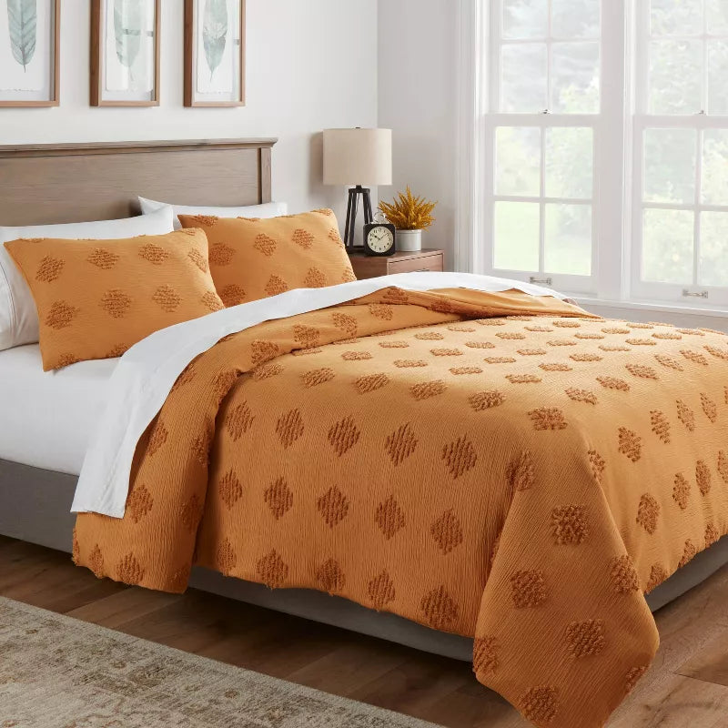 King Tufted Diamond Crinkle Duvet Cover and Sham Set Dark Gold - Threshold: Polyester, OEKO-TEX Certified, Machine Washable