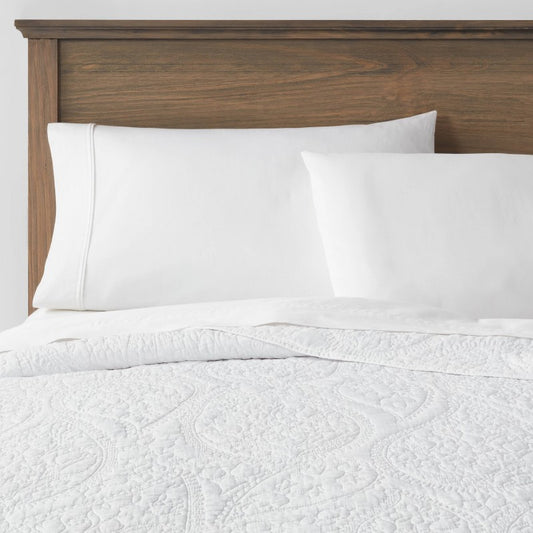 King Garment Washed Paisley Stitch Quilt White - Threshold: Microfiber Coverlet, Year Round Comfort, OEKO-TEX Certified