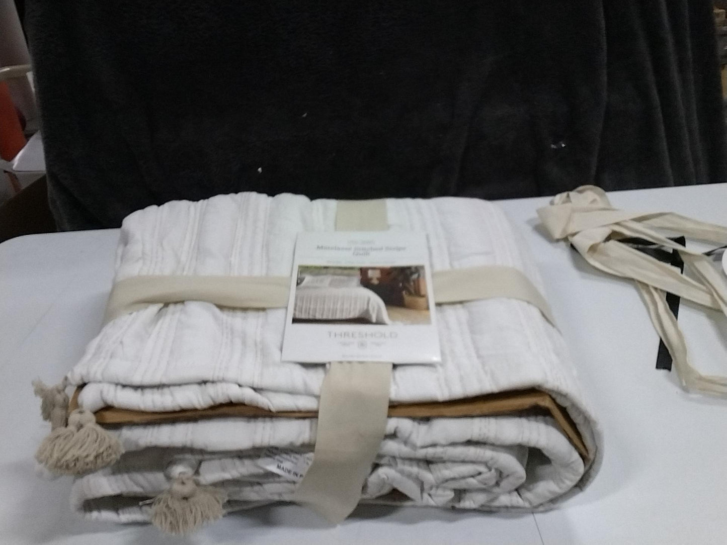 Full/Queen Reversible Matelassé Stitched Stripe Quilt Off-White/Khaki - Threshold