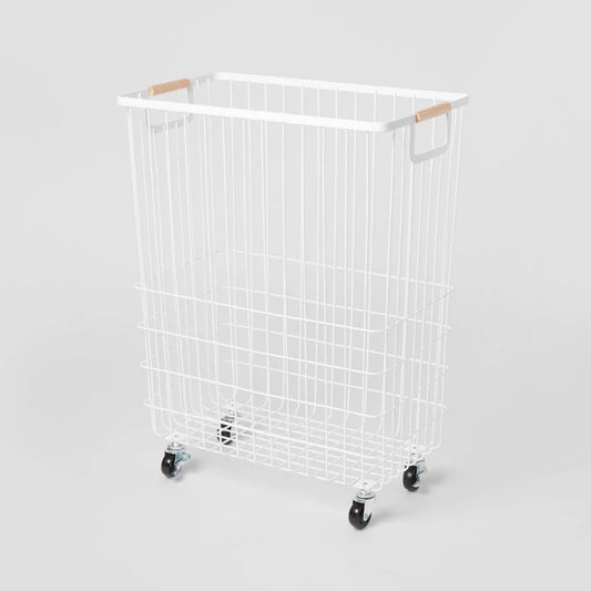Wire Rolling Laundry Hamper - Brightroom: White Iron Clothes Hamper with Locking Wheels, Open-Top, No Assembly Required