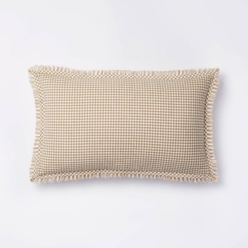 Oblong Gingham with Hemstitch and Raw Edge Decorative Throw Pillow Camel - Threshold designed with Studio McGee: Cotton Cylinder Bolster