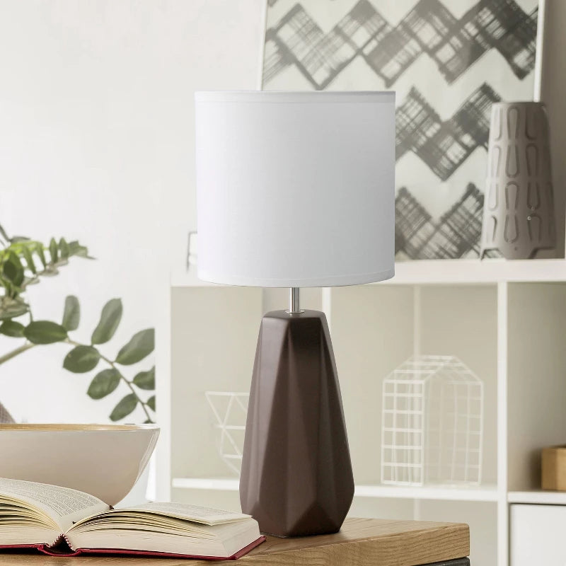 Ceramic Prism Table Lamp Brown - Simple Designs: Glossy Finish, White Drum Shade, ETL Listed, No Assembly Required