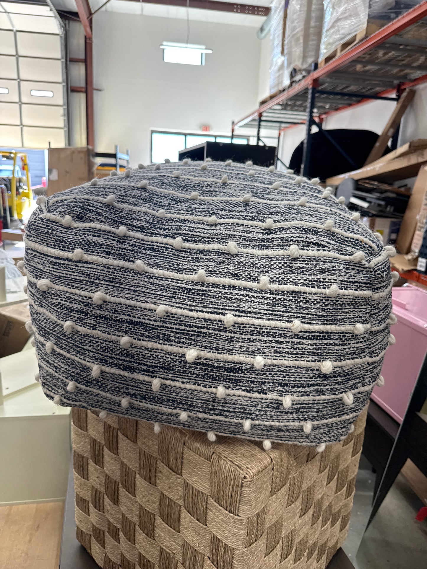 Penelope Pouf Ottoman Blue/Ivory - Anji Mountain: Handmade, Square, Stripe Pattern, No Assembly Required