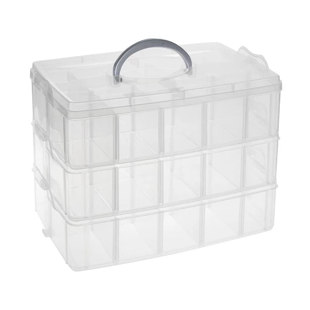Bright Creations 3-Tier Stackable Craft Storage Box for Beads, Sewing Notions (9.5 x 6.5 x 7.2 In, 30 Compartments, 40 Labels)