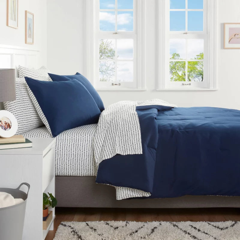 7pc Queen Solid Microfiber Comforter & Sheets Set Navy/Gray - Room Essentials: Polyester Bedding, Quilted, OEKO-TEX Certified