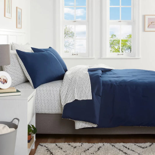 7pc Queen Solid Microfiber Comforter & Sheets Set Navy/Gray - Room Essentials: Polyester Bedding, Quilted, OEKO-TEX Certified