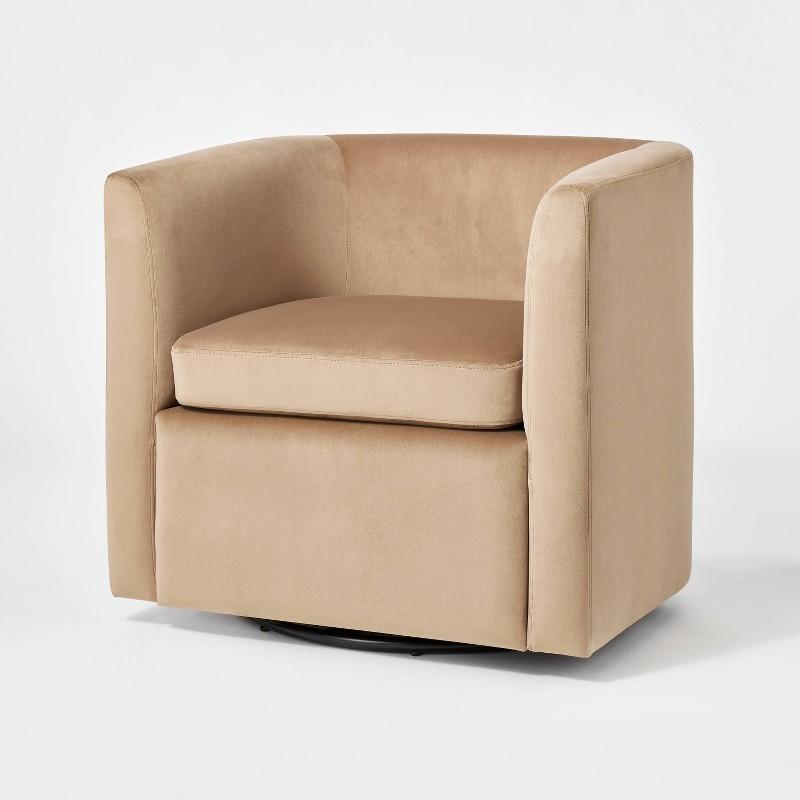 Vernon Upholstered Barrel Swivel Accent Chair Light Brown Velvet - Threshold designed with Studio McGee: Polyester, Plywood Frame
