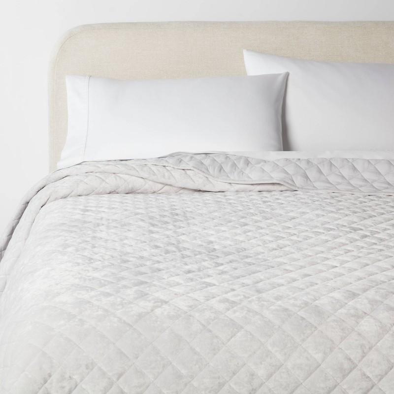 King Luxe Diamond Stitch Velvet Quilt Light Gray - Threshold: OEKO-TEX Certified, Polyester Fill, Machine Washable