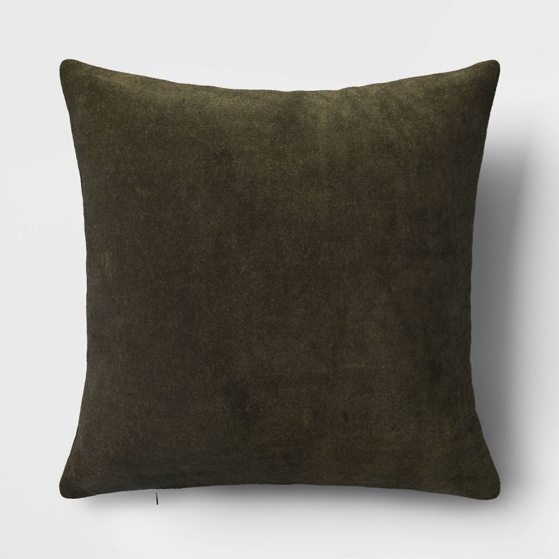 Washed Cotton Velvet Square Throw Pillow Green - Threshold: Indoor Decorative Cushion, Zippered Cover, Polyester Fill