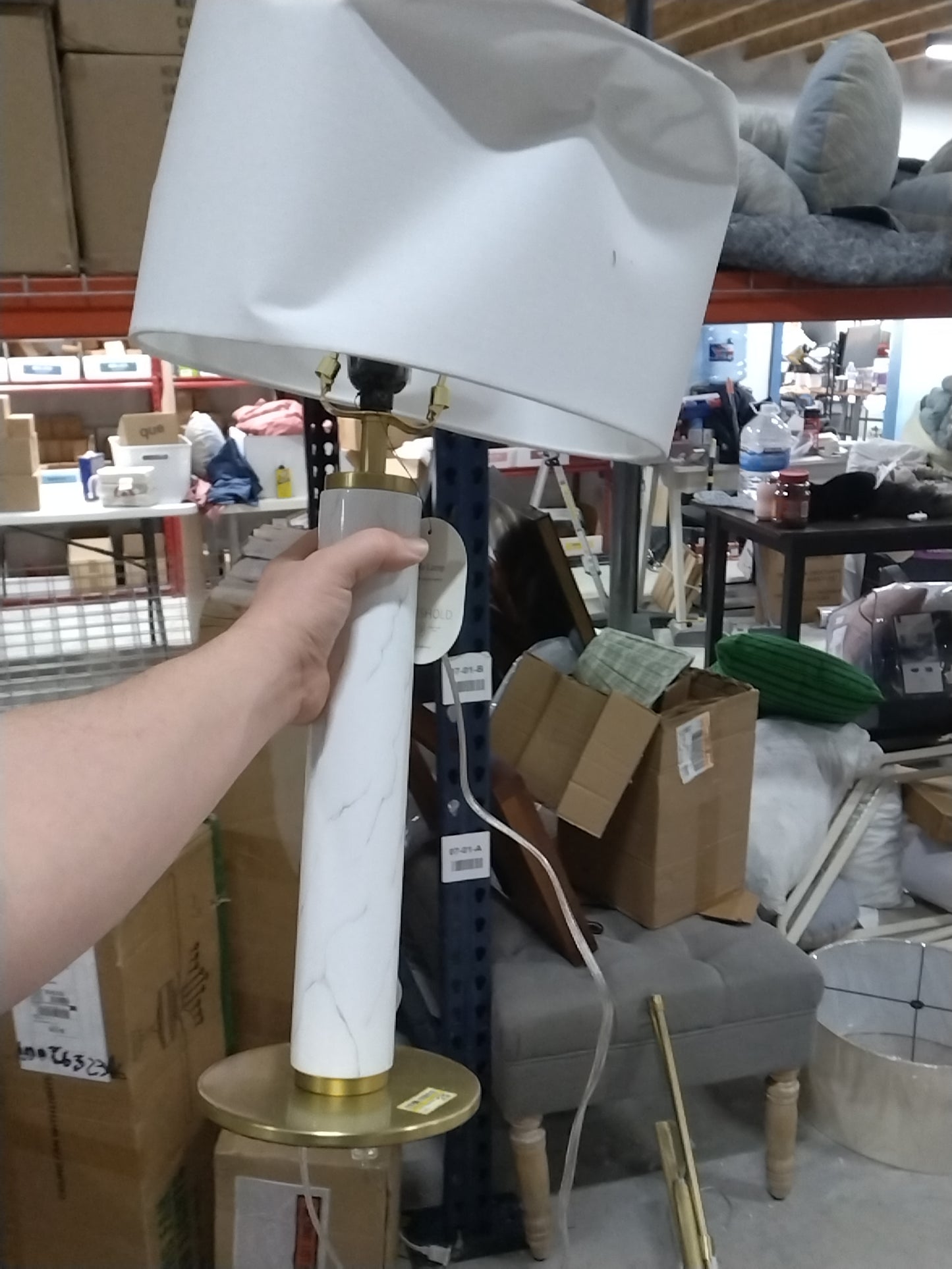 Faux Marble Stick Table Lamp White - Threshold: Gold Base, Linen Drum Shade, No Assembly Required