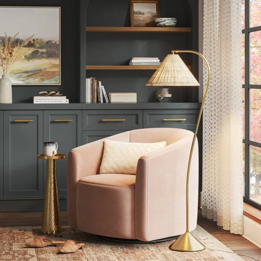 Gooseneck Floor Lamp with Natural Shade Brass - Threshold: Adjustable, Rattan Shade, ETL Listed, Metal Base