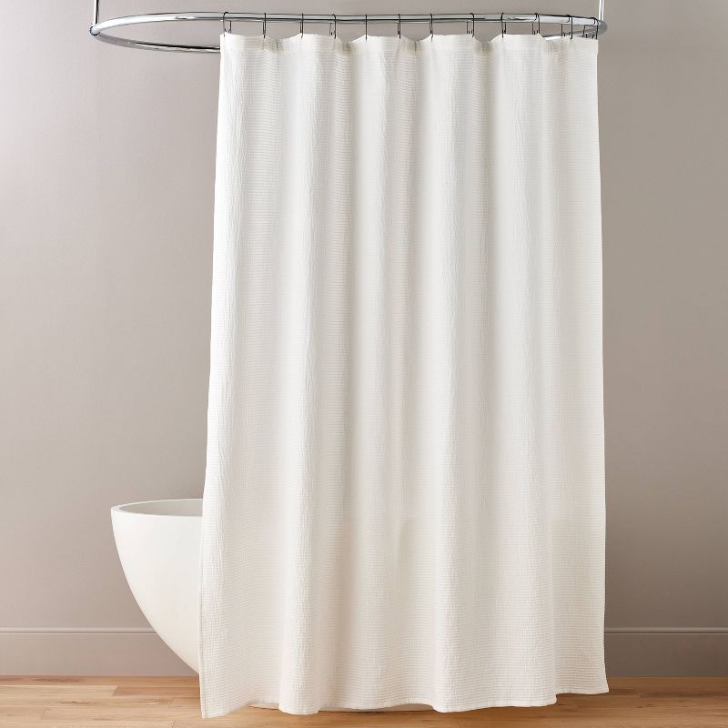 Textured Horizontal Stripe Matelassé Shower Curtain Cream - Hearth & Hand™ With Magnolia: Cotton Fabric, Buttonhole Top : Target