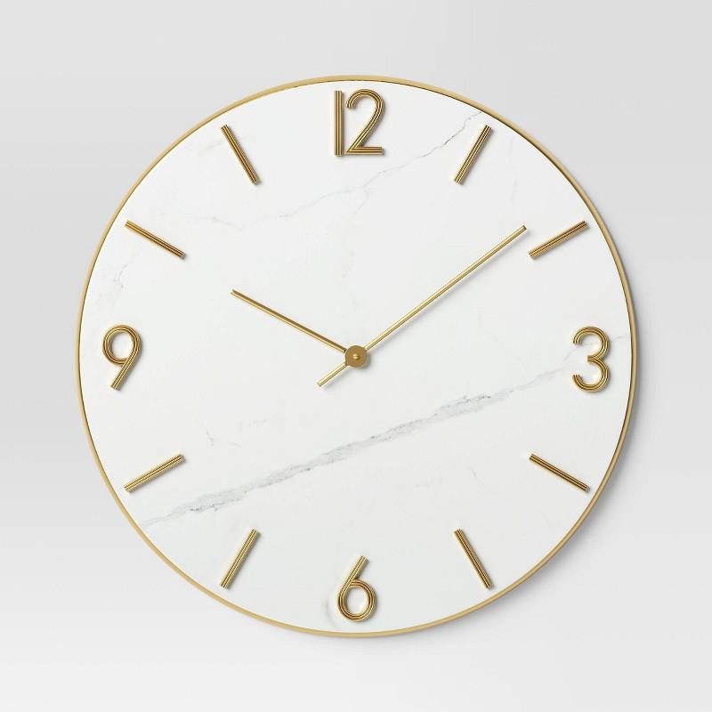 26" Faux Marble Finished in Polished Brass Wall Clock White - Threshold: Elegant Timepiece for Indoor Use