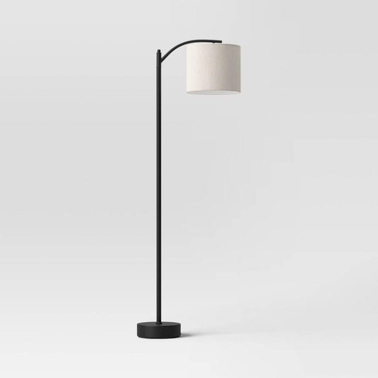 Downbridge Floor Lamp with Shade Black/Tan - Threshold: Ambient Light, Metal Base, Linen Drum