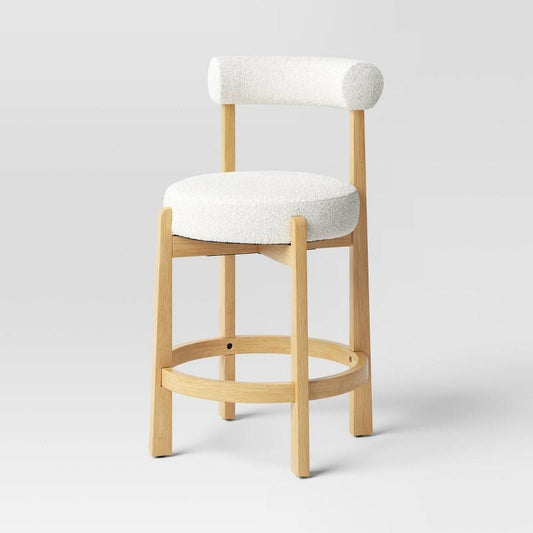 Sculptural Upholstered and Wood Boucle Counter Height Barstool Cream - Threshold: Round, Stained, Polyurethane Foam Filled