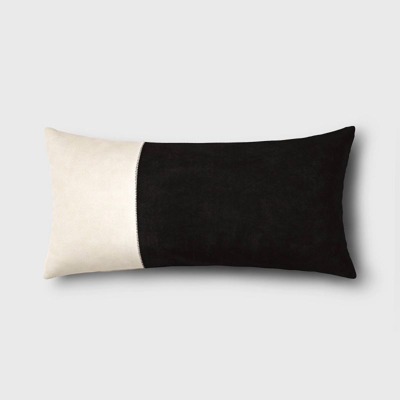 Oversized Colorblock Pieced Suede Lumbar Throw Pillow Black/Neutral - Threshold: Indoor Decorative Accent, Removable Cover