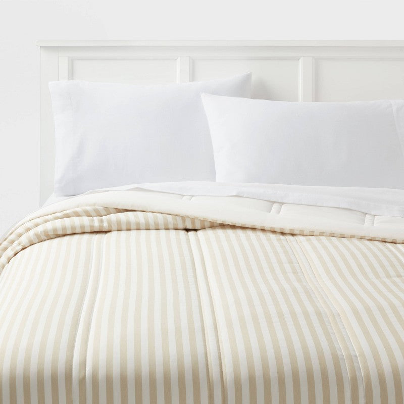 Full/Queen Lofty Microfiber Printed Comforter Khaki/White Striped - Room Essentials: Year-Round Bedding, Teen-Friendly, OEKO-TEX Certified