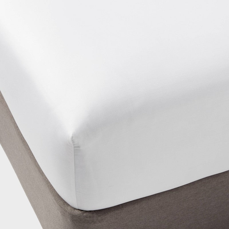 Twin/Twin XL Easy Care Cotton Blend Sateen Fitted Sheet White - Room Essentials: 225 Thread Count, 60% Cotton 40% Recycled Polyester
